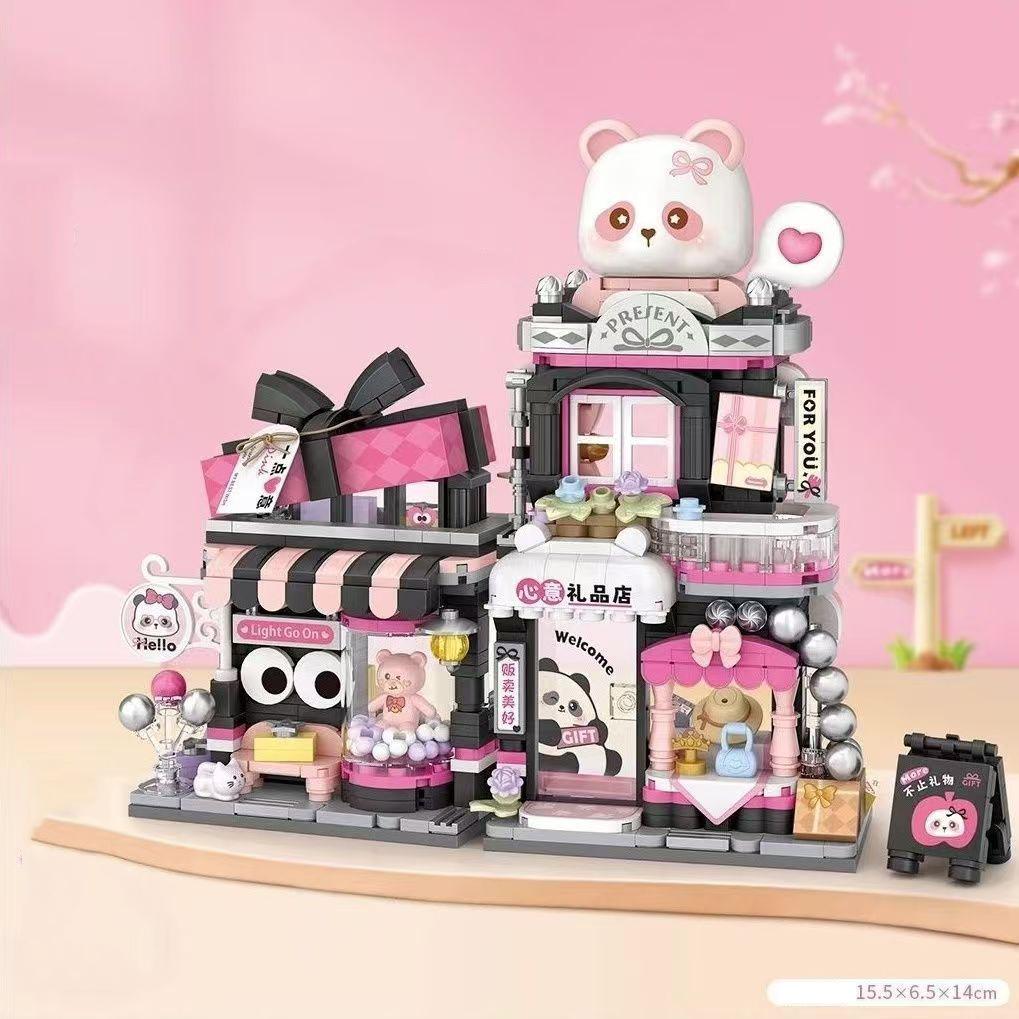 

Idea City Street View Small Block Chinese Panda Gifts Shop Orange Cat Pet Store Streetscape Figures Construction Blocks Toys