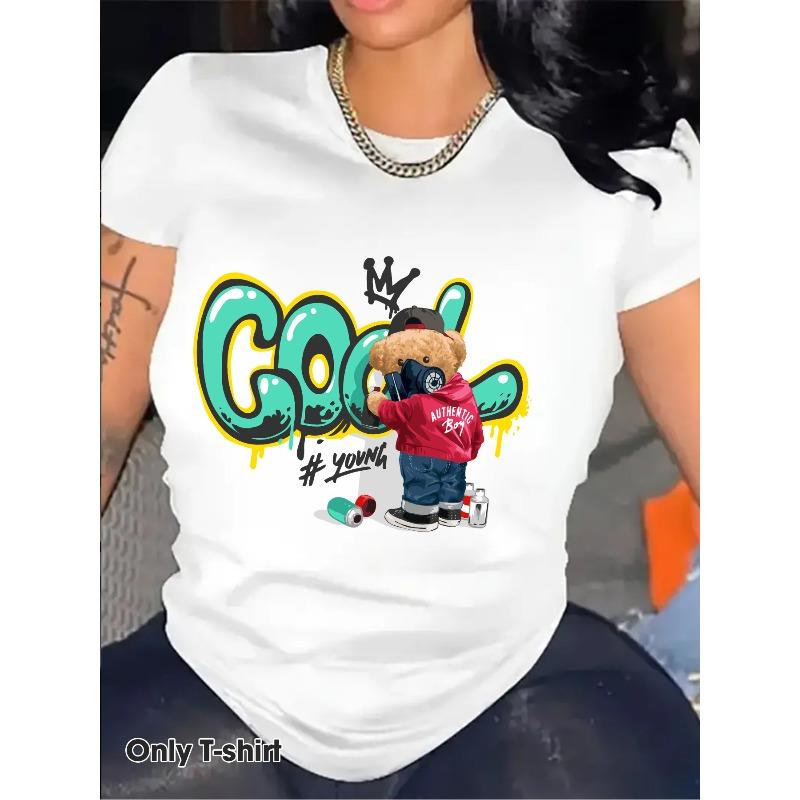 

European Size Plus Size - Women S Casual Crew Neck T-Shirt with GOOD VIBES Graphic, Black Teddy Bear & Red Car Design, Machine Washable 4XL