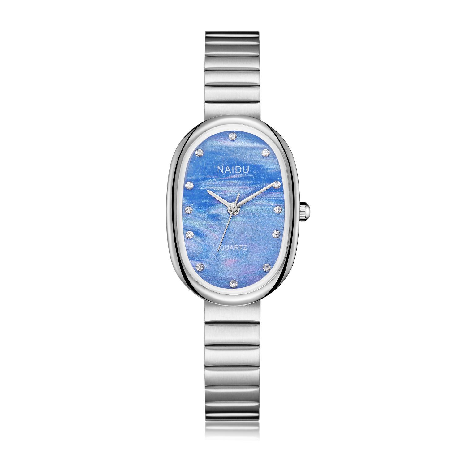 

Новые стильные женские часы с точечным бриллиантовым стальным ремешком, овальным цветным циферблатом, повседневным литературным кварцевым механизмом, женские часы