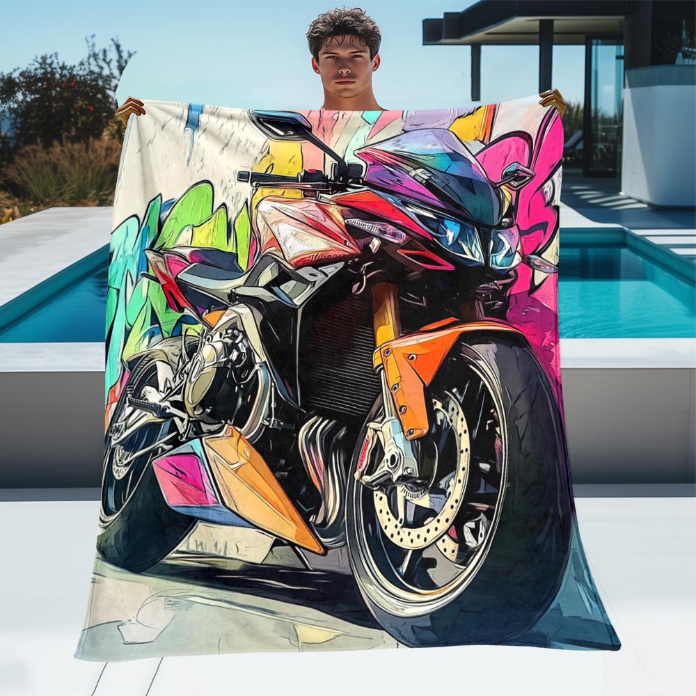 Motorcycle Graffiti Street Art Flannel Blanket Soft Cozy Throw For Men Biker Lover Garage Decor Cool Design Gift IdeaTrendyStyle
