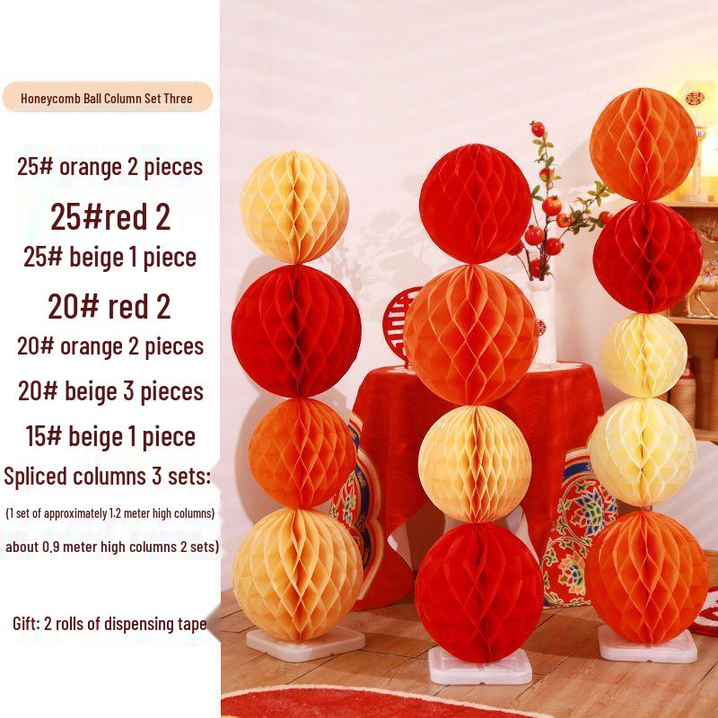 Honeycomb Ball Pillar Lantern for Wedding Room Decoration, Bride Photo Props, Double Happiness Wall Flower