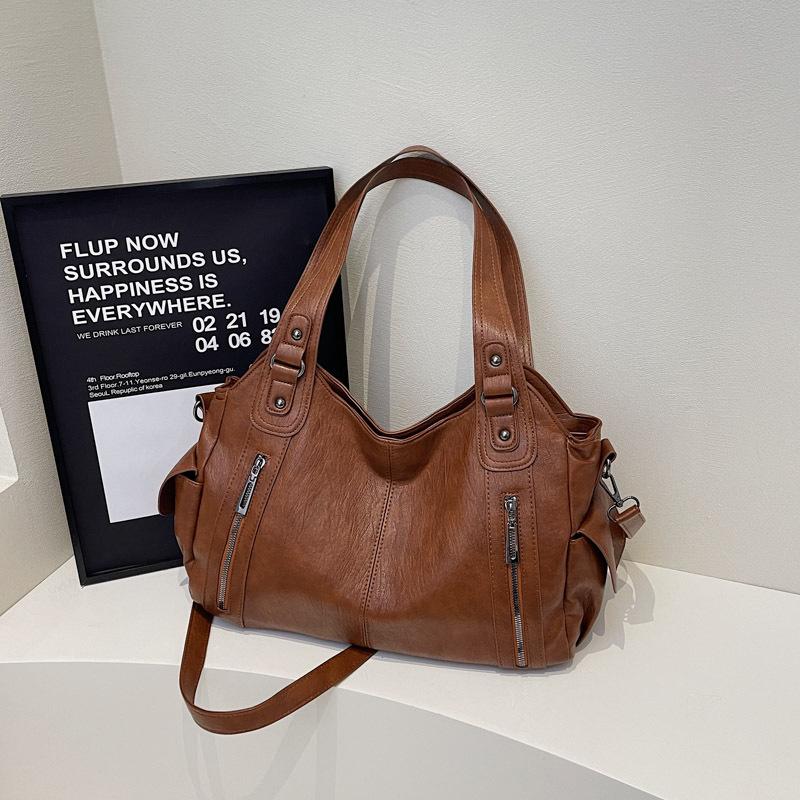 Women's High-End Versatile Korean Tote Bag - Brown Solid Color, Large Capacity, Single Shoulder Fashion Style