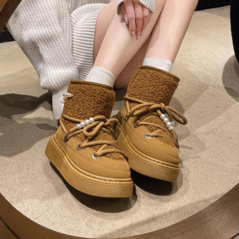 Mode Damen Flache Baumwollstiefel Winter Neu Runde Zehenpartie Ärmel Geldriemen Perlenbesetzt Rutschfest Bequeme Kurze Schneestiefel