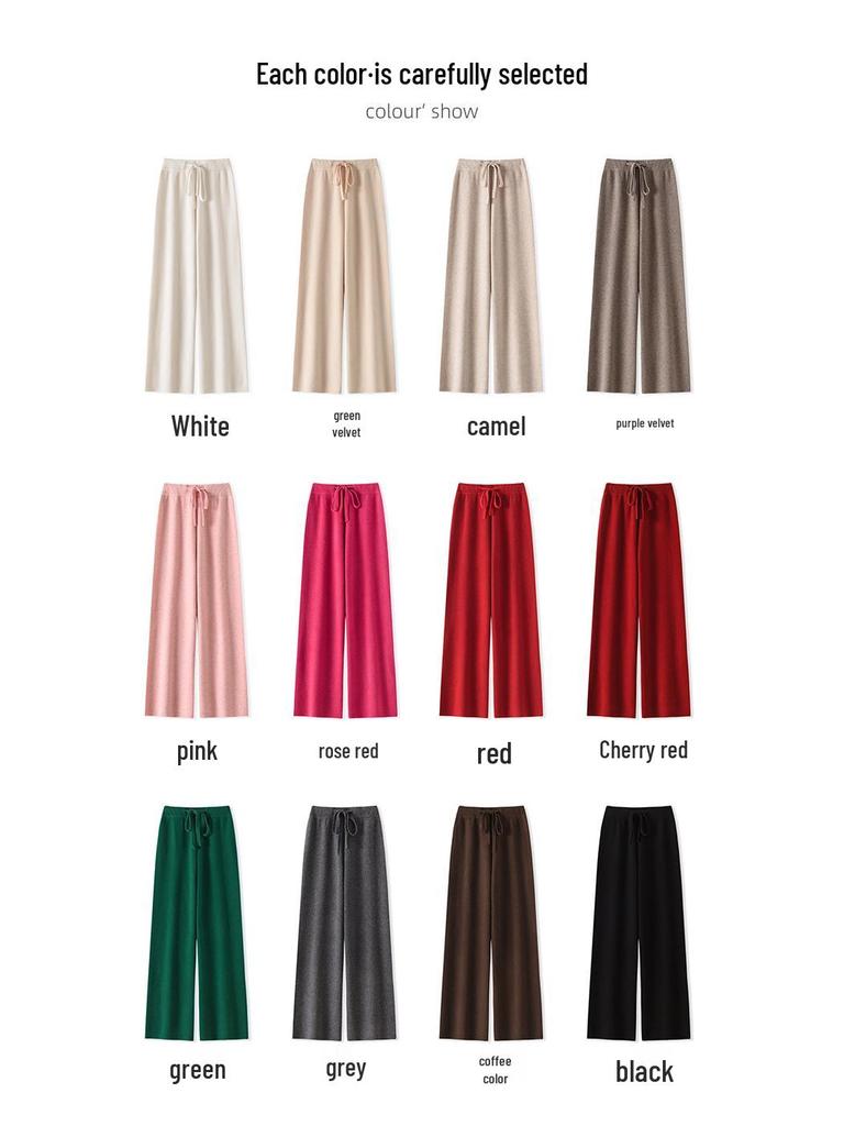 Women's High-Waist Wool Wide-Leg Pants: Autumn/Winter, Thick & Warm, Casual, Long, Knitted, Straight-Leg.