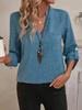Solid Color Women Fashion Casual Long Sleeve Notch V-neck Shirt Woman