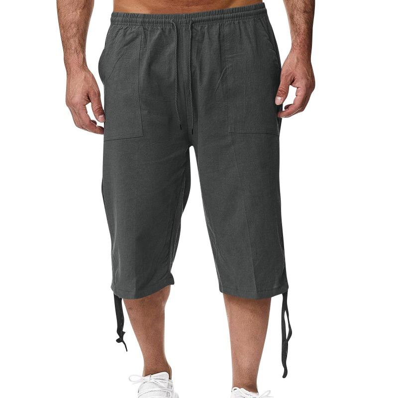

(Куниде) Мужские свободные хлопковые и льняные брюки, пляжные повседневные спортивные брюки, однотонные хлопковые и льняные шорты с семью точками XXXXL темно-серого