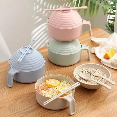 5Pcs Wheat Straw Multifunctional with Lid Bowl Spoon Fork Chopsticks Eating Dinnerware Set Anti-hot Bowl Microwavable Bowl