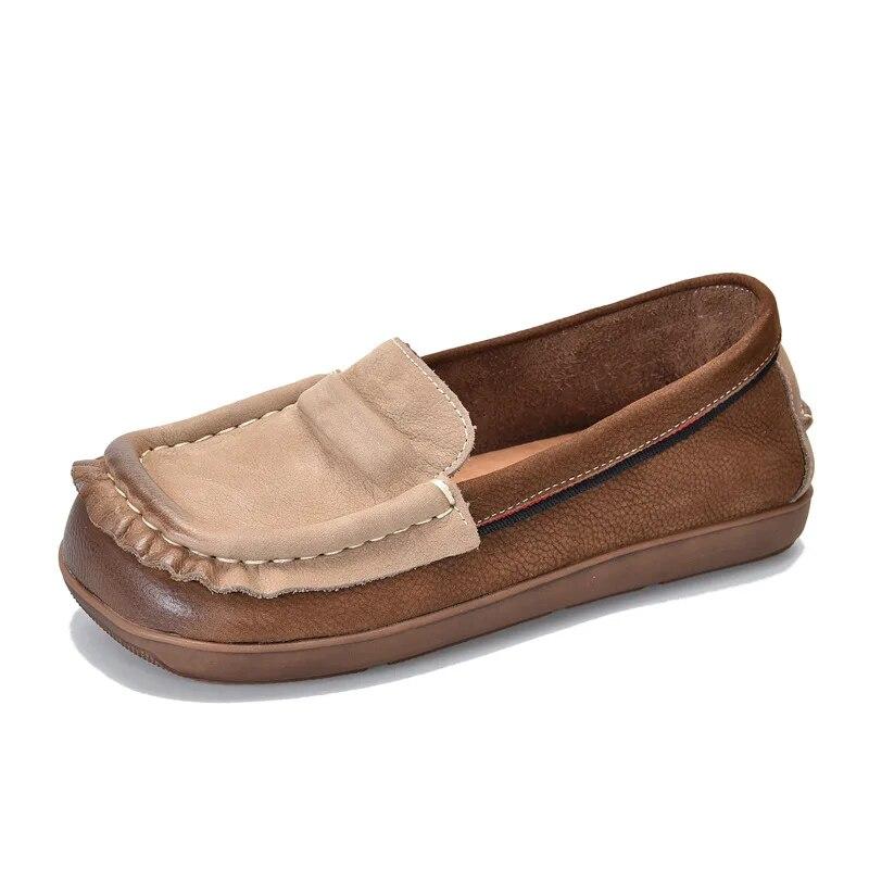 Johnature Loafer aus echtem Leder mit quadratischer Zehenpartie und weicher Sohle, flache Schuhe, Retro-Schlupfschuhe in Mischfarben für Damen