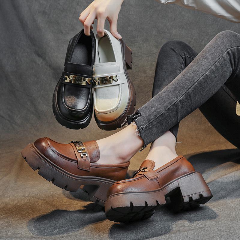 The First Layer of Cowhide Loafers for Women's Spring and Autumn 2025 New Leather Muffin Thick-soled One-pedal Casual Women's Single Shoes