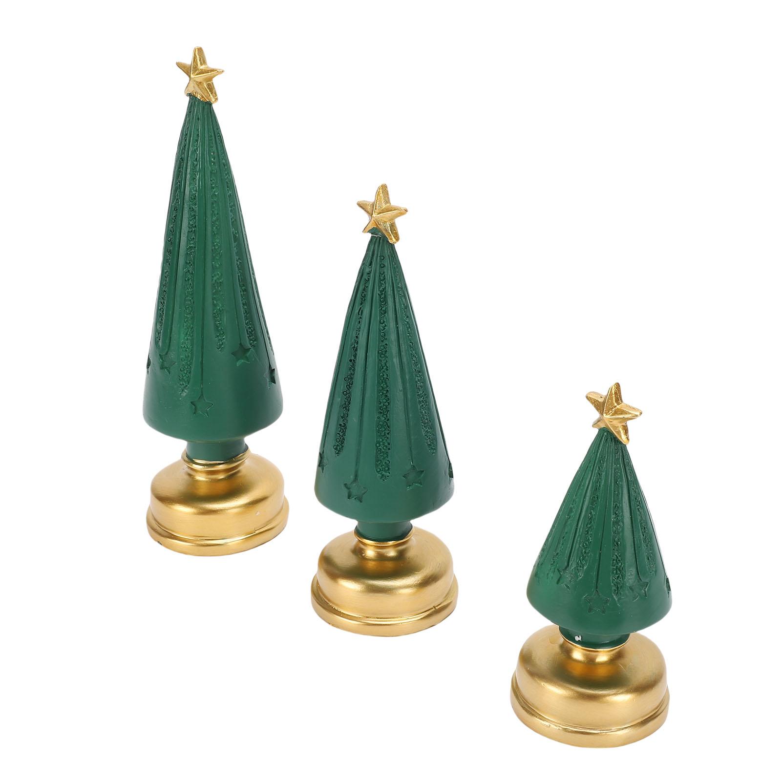 

3pcs Xmas Tree Figurines Green Resin Xmas Trees with LED Lights for Desktop Decoration