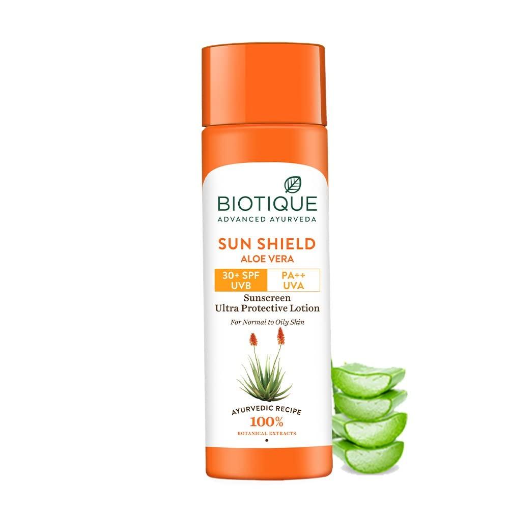 Biotique SPF 30 Sun Shield Aloe Vera Sunscreen Lotion For Normal To Oily Skin, Broad Spectrum UVB Protection, 120ml, Pack Of 1