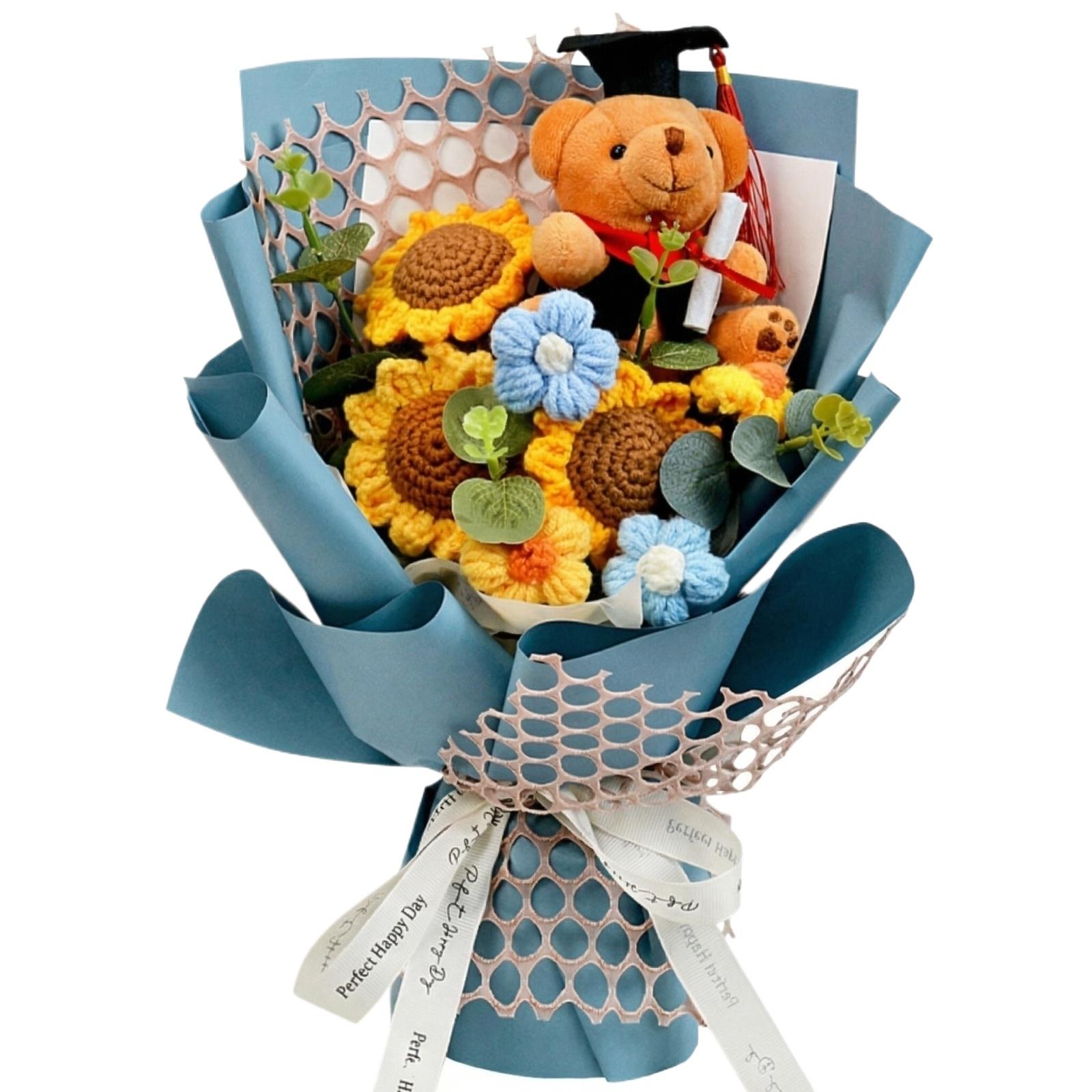 Handmade Yarn Bouquets, Hand-knitted Artificial Flowers, Sunflowers, Knitted Roses, Dr. Bear