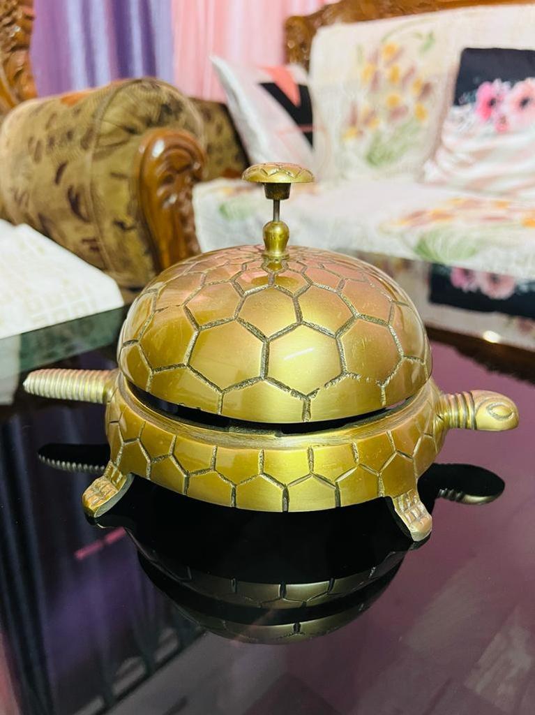 Handcrafted Tortoise Desk Bell: Antique Brass Finish