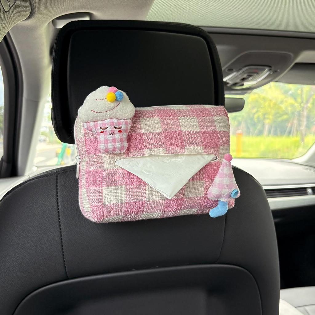 Cartoon Bear & Bunny Plaid Tissue Box for Car Seat Back, Armrest, or Sun Visor