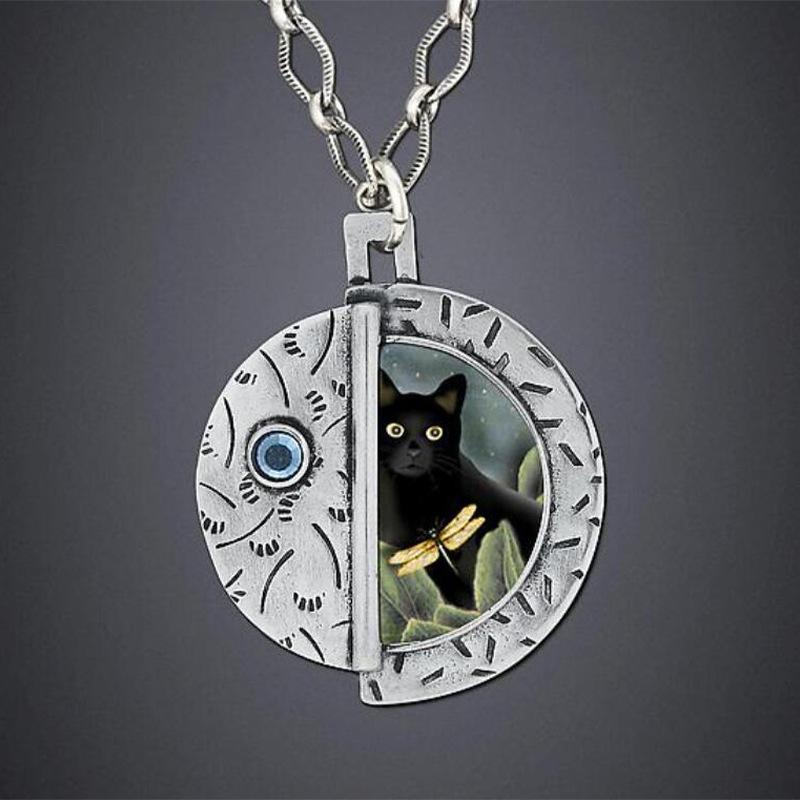 

Классические ожерелья с круглыми подвесками Black Cat для женщин Винтажные серебряные ожерелья металлического круга животных