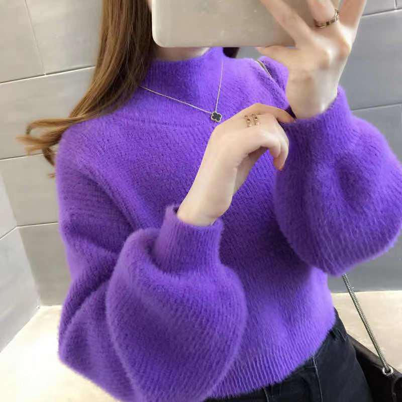 Women's Mink Velvet Lantern Sleeve Sweater - Loose, Half High Collar, Autumn/Winter Outerwear