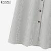 ZANZEA Women Casual Round Neck Short Sleeve Loose Stripe Dress