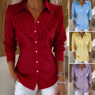 Women Shirt Lapel Long Sleeve Ruffle Decor Shirt Tops Pure Color Loose Fit Buttons Placket Casual Shirt Work Party Vacation