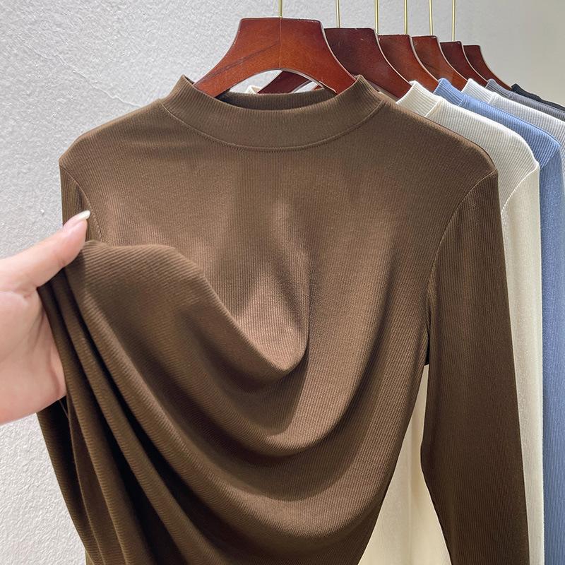 

Женская футболка с длинным рукавом, летняя одежда, новая облегающая и тонкая базовая футболка с маленьким воротником-стойкой для ношения сверху XXXL кофейный