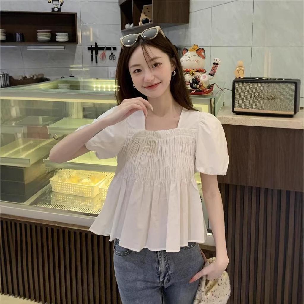 Korean Sweet Ruffled Puff Sleeve Women's Shirt, Square Neck, Summer Arrival, Waist-Cinching Doll Top, Short Sleeves
