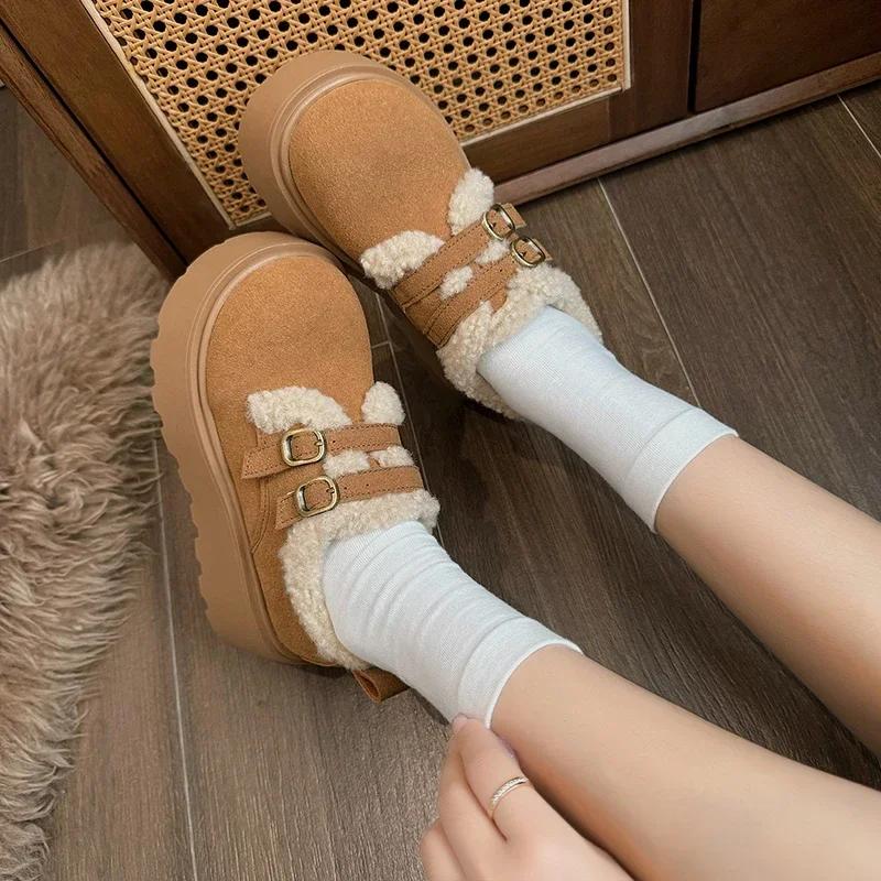 Women's Thick-soled Loafers Fur Round-toe Casual Sneakers Flat Shoes New Dress Winter Solid Color Keep Warm Breathable Versatile