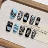 Handmade Short Almond Press-On Nails With Blue Cosmic Gradient Design Women Girls