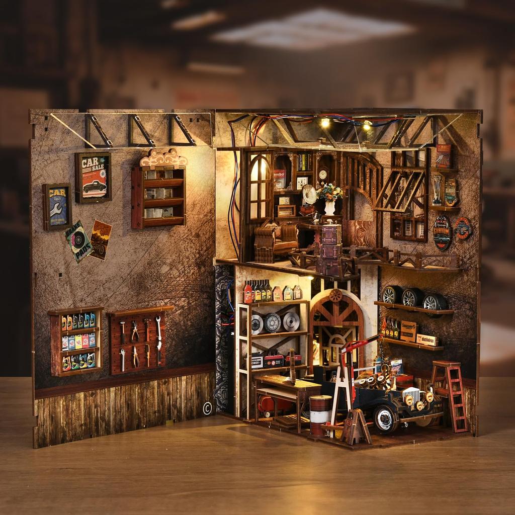 Tecnock3D 3D Book Nook DIY Miniature Wooden Assembly Kit with LED Exquisite Interior Gift for Adults and Hobbies Car Repair Kit, Diorama, House,