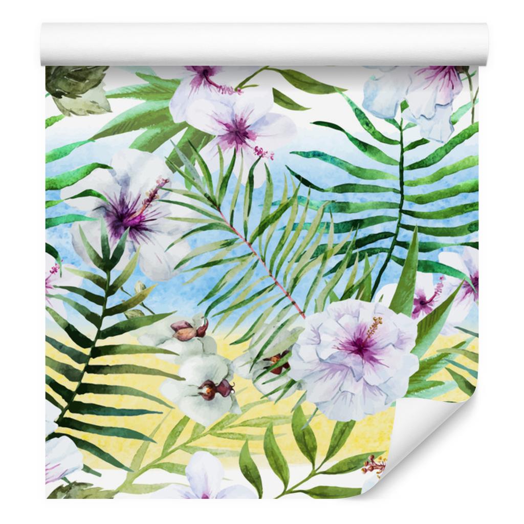Hibiscus, orchid and palm leaves wallpaper for living room and bedroom 50x1000