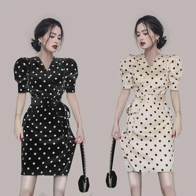 2021 Letní Dámské Luxusní Slim Šaty s Bufetovými Rukávy, Polka Dot Vzor a Rozparkem