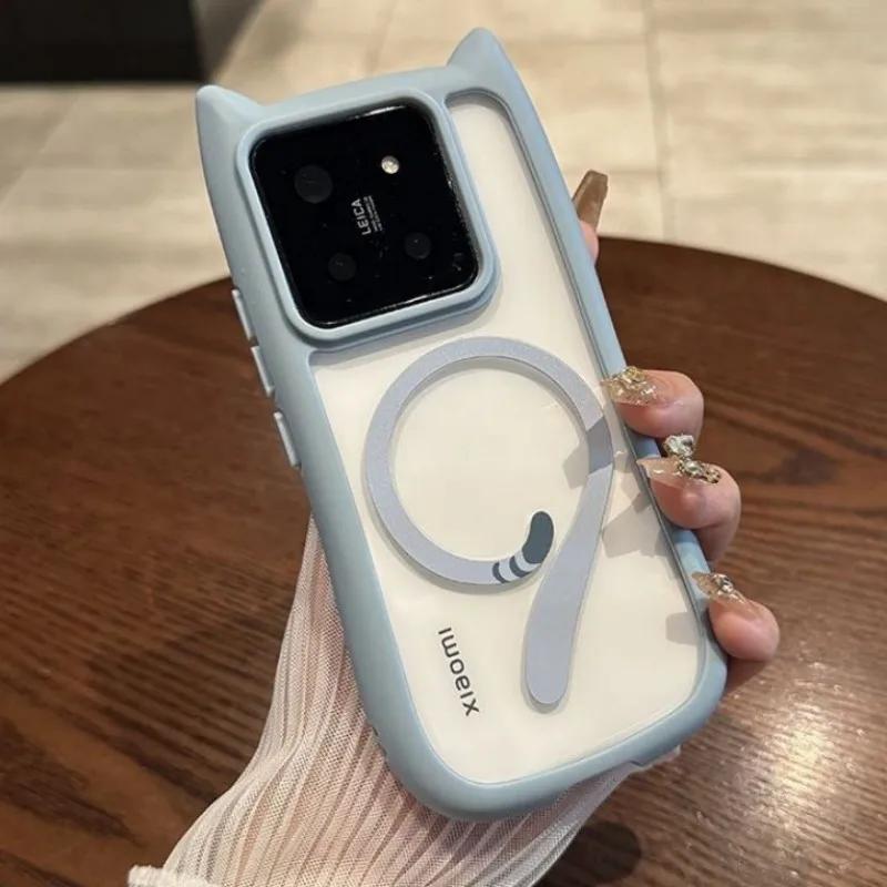 

Магнітний Magsafe Милий Чохол з Вушками Кішки Прозорий Для Xiaomi 15 Ultra 14 Pro 14 Redmi Note 13 5G Жорсткий Ударостійкий Обкладинка для Бездротової Зарядки Redmi Note13 5G