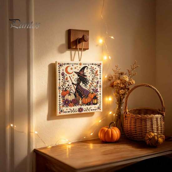 Kompletní balíček pro jehlovou práci Halloweenská výšivka, DIY sada stehů pro dospělé, Roztomilá čarodějnice, Světlý dýně, Duch, Černá kočka Vzor na stěnu