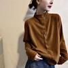 Women S Stand Collar Long Sleeve Solid Color Thick Cardigan Top
