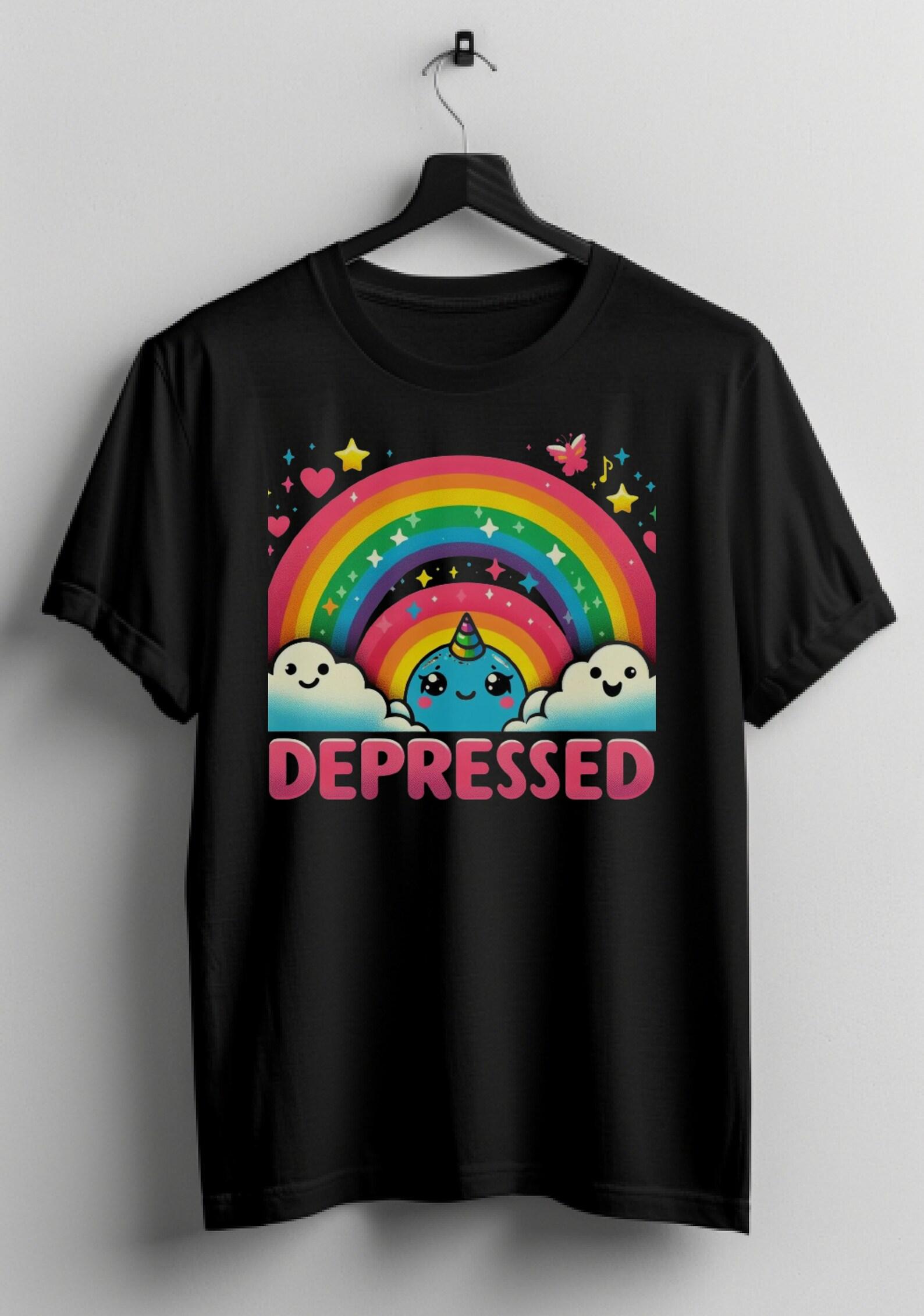 Humorous  Depressed  Graphic T-Shirt: Dark Humor Rainbow Design M