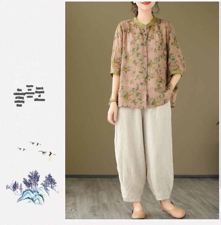 2026 Korean-Style Plus Size Slimming Retro Print Cotton-Linen Two-Piece Summer Set for Women