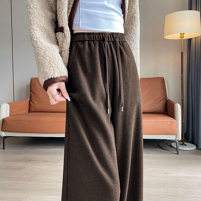 2026 Fall/Winter Off-White High-Waisted Cashmere Wide-Leg Pants with Velvet, Casual Floor-Length for Women