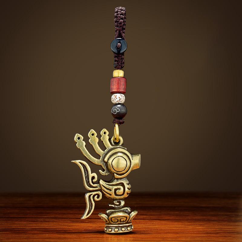 1Pc Vintage Brass Sanxingdui Prayer Priest Keychains Lanyard Pendants Handmade Rope Car Key Chain Rings Hanging