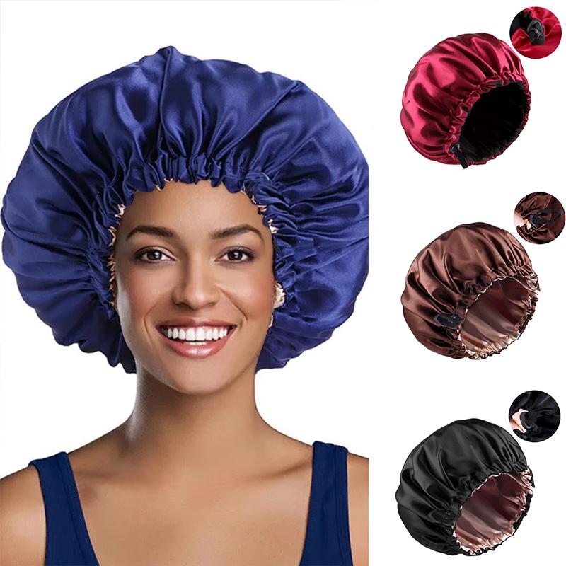 1pc Double Layer Adjustable Satin Bonnet Solid Color Elastic Button for Women Hair Hat Nightcap Silky Satin Fabric