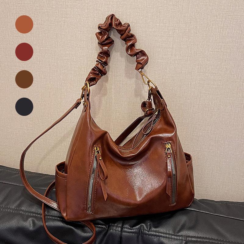 Crossbody Bag Women's Large-capacity Oil Wax Leather Shoulder Bag Women's Double Zipper Handbag Women's Office Bag Commuting