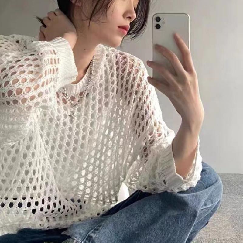 Knitted Hollow Out Sun Protection Clothing for Women In Summer, Thin and Loose Design, Niche and Unique, Hanging Long Sleeved Top, Top