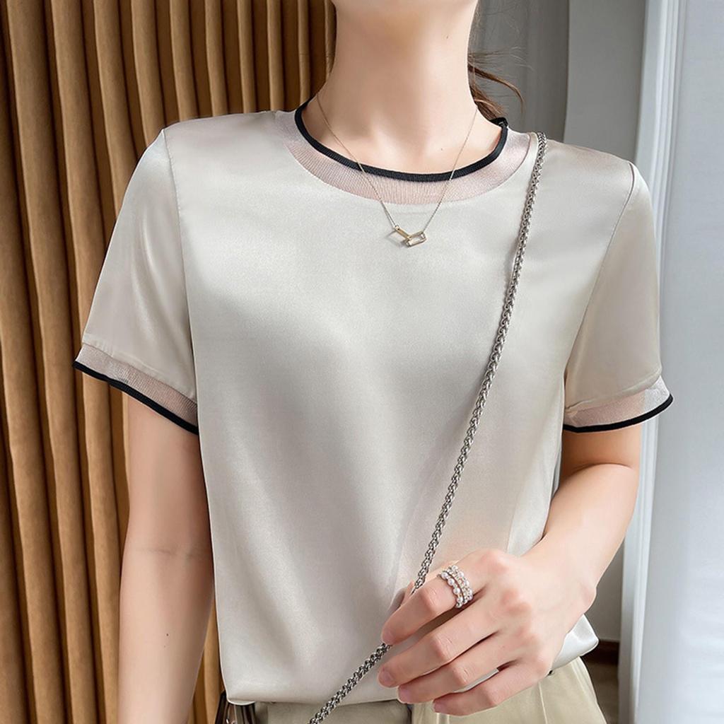 Peach Women Shirt 2026 Summer New Silk Satin Short Sleeve T Shirt Women'S Mesh Solid Color Vest Temperament V Neck Apparel Shirt