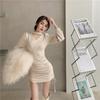 Light Luxury Neck Long-sleeved Dress for Women's Spring and Autumn Temperament Korean Version Waist Drawstring Sexy Bottom Hip-wrapped Short Skirt Wi
