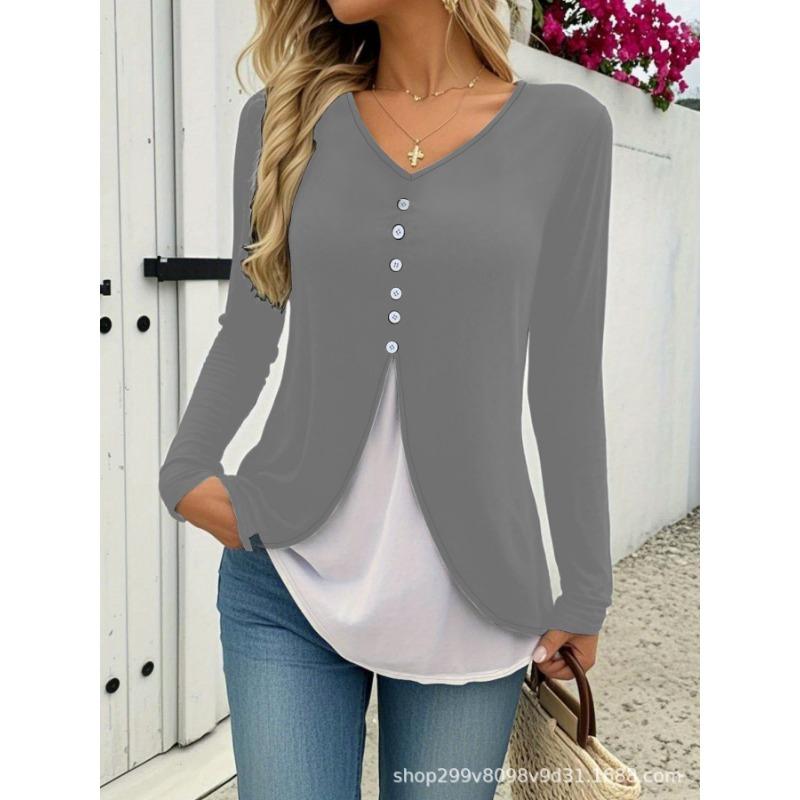 Spring and Autumn Women's New V-neck Women's Sexy Casual Contrast Color