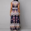 Ethnic Style Stand Collar Printed Long Tank Dress for Women Vintage High Waist Vestidos