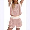 Women's Blue White Stripe Short Sleeve Crop Top and Shorts Set