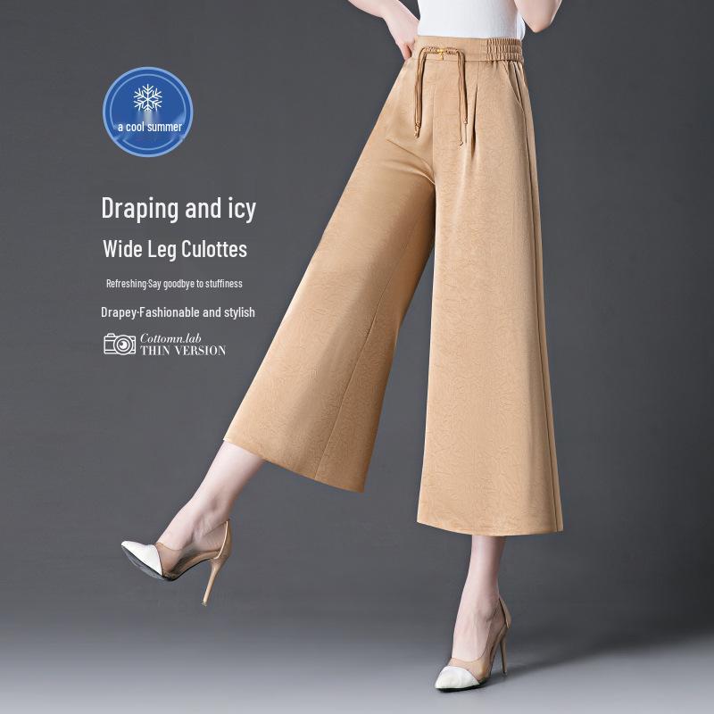 2024 Women's High Waist Drapey Wide-Leg Skirt Pants - Summer Plus Size, Eight-Point Length for Casual, Middle-Aged Style