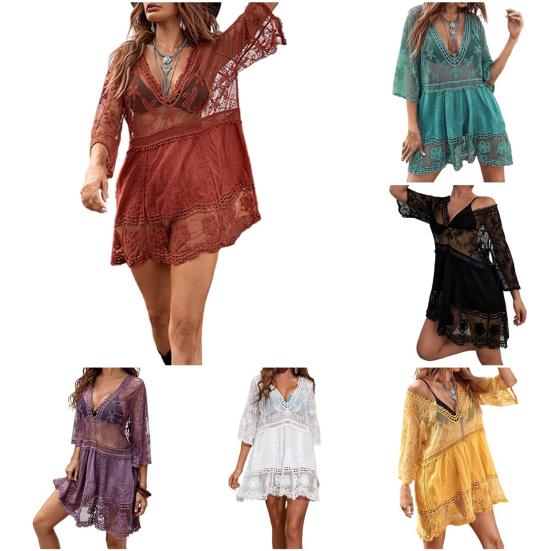 Swimsuit Cover Up Solid Color Deep V Neck Lace Quick Dry Swimwear