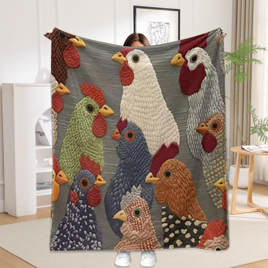 Fun Chicken Head Pattern Plush Blanket Chicken Head Pattern Printed Farmhouse Blanket Vintage Soft Cozy Colorful Rooster Flannel Blanket for Couch