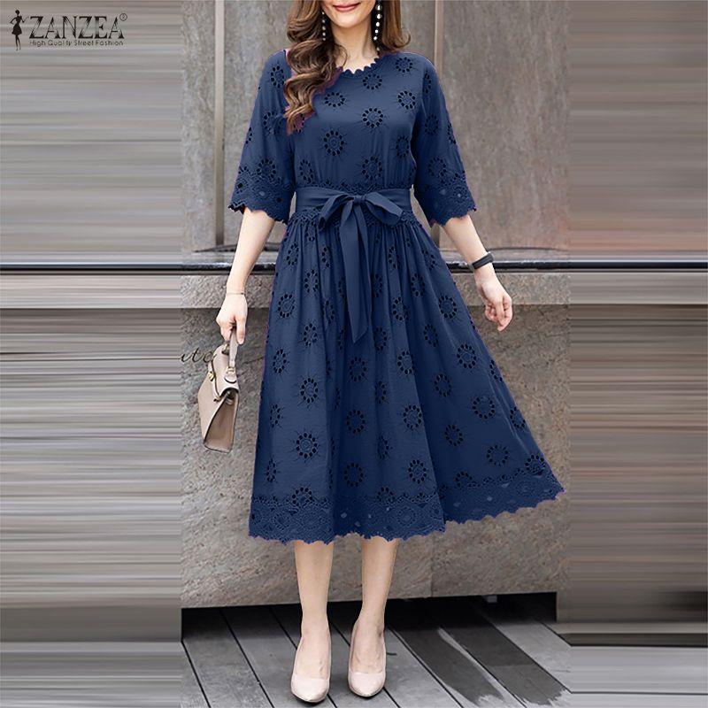 ZANZEA Women Casual Round Neck 3/4 Sleeve Loose Patchwork Lace Dress