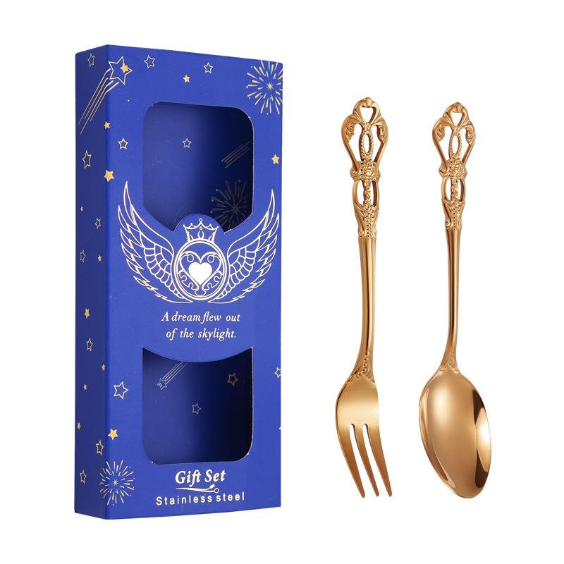 Stainless Steel Spoon Fork Two-piece Cutlery Gift Box Retro Coffee Spoon and Fork Set with Hand
