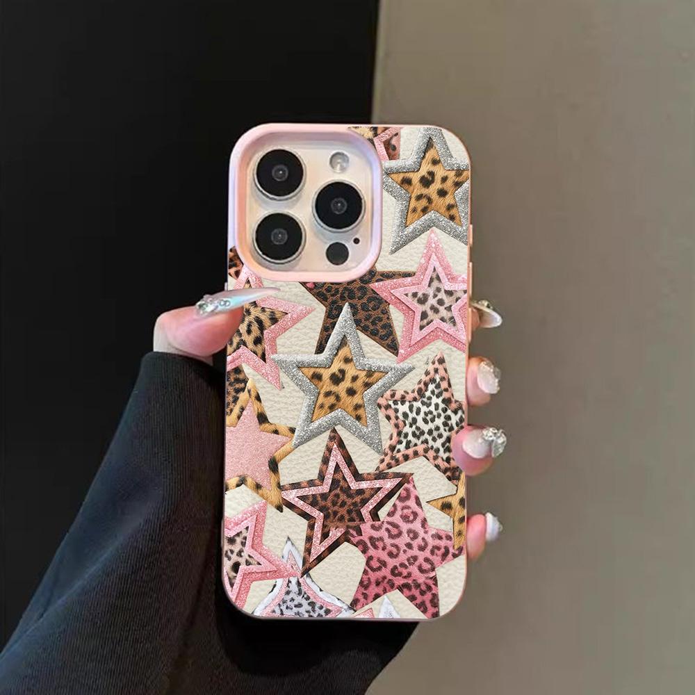 HOT Luxury Ins Colored Star Leopard Lichee Leather Phone Case For iPhone 17 16 15 14 13 12 11 Air Pro Max Plus X XR XSMax